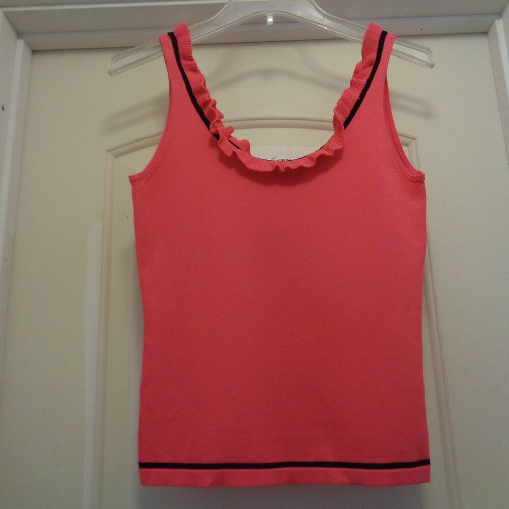 HOT PINK GIRL W BLACK PIPING RUFFLED NECKLINE KNIT TANK BLOUSE S